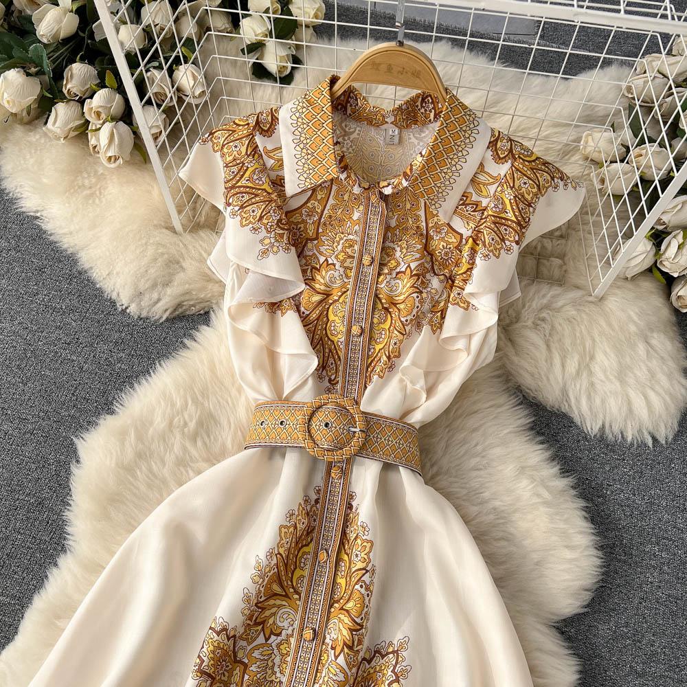 Retro Blumendruck Rüschen Ärmelloses Elegantes Midikleid A-Linie Strandurlaub Gürtelkleid Frauen Koreanische Mode Sommer Vestidos