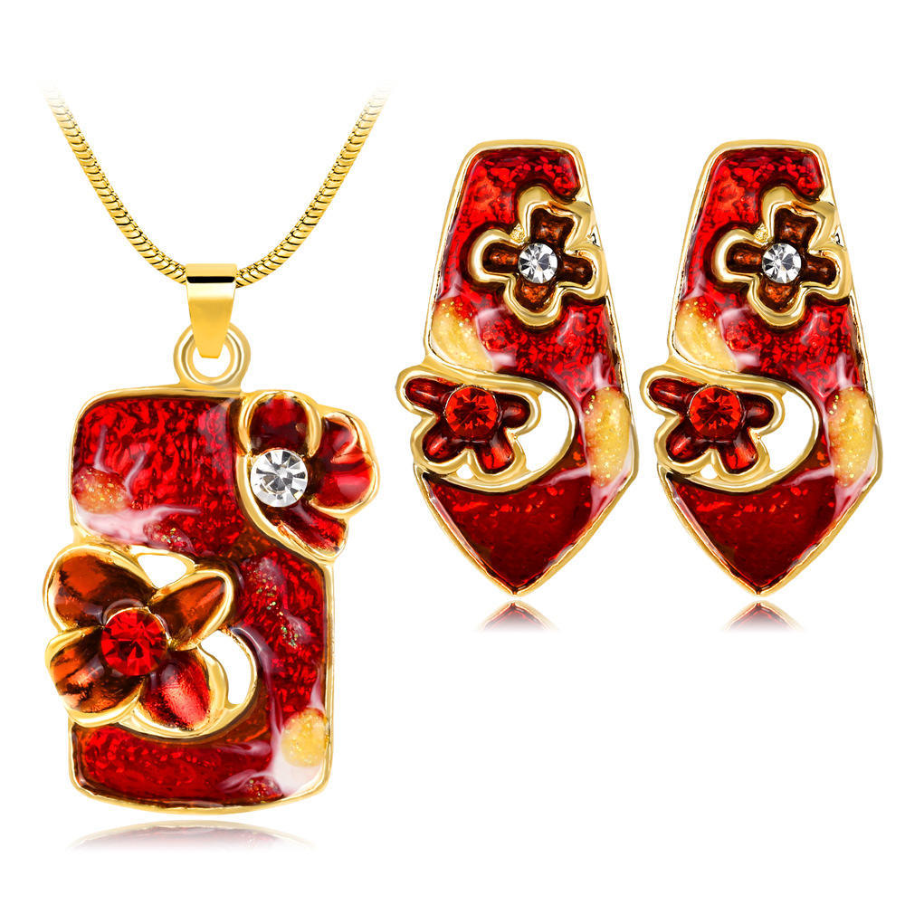 Gold Plated Crystal Geometry Jewelry Set Colored Oil Painting Pattern Pendant Necklace & Earrings