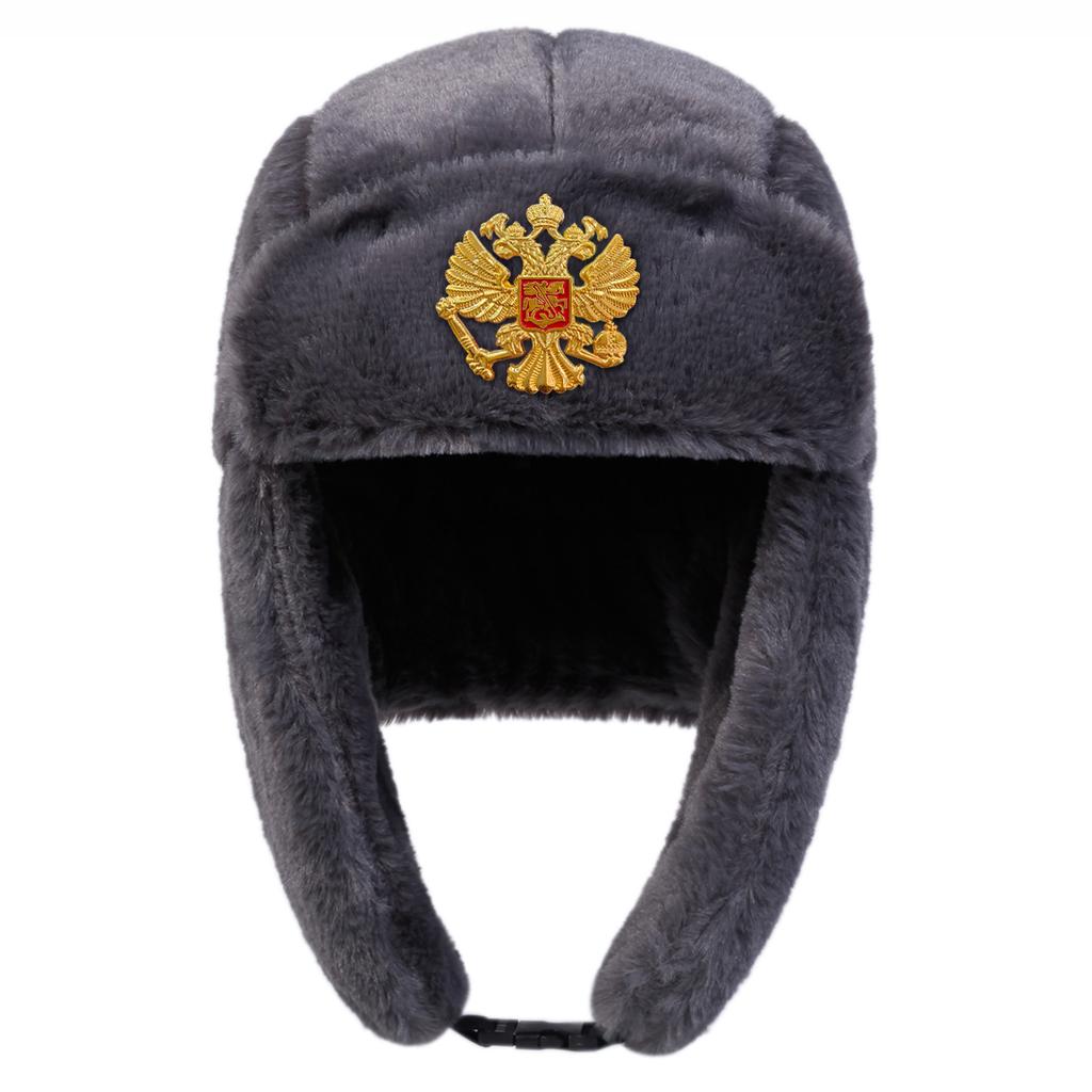 Plush Lei Feng Hat Double Headed Eagle Emblem Decoration Bomber Hats Outdoor Warm Pilot Cap Winter Caps