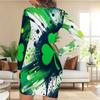 Women Plus Size Round Neck Long Sleeve Clover Printed Dark Green Bodycon Mini Dress