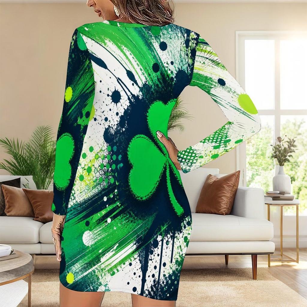 Women Plus Size Round Neck Long Sleeve Clover Printed Dark Green Bodycon Mini Dress
