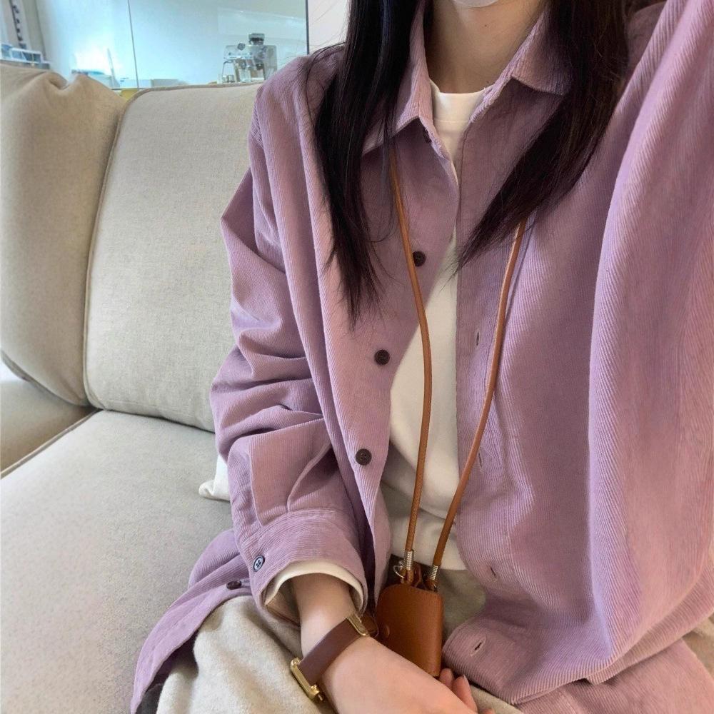 Women's Retro Purple Corduroy Shirt: Loose Fit, Korean Style, Ideal for Spring, Autumn, and Winter Layering