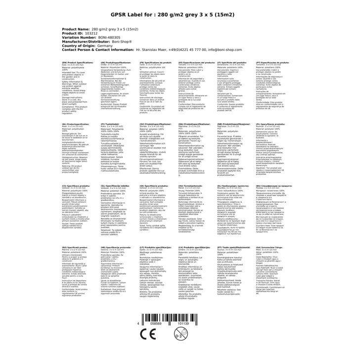 Bâche de Protection 3x5m Grise, 280g/m², Étanche et Résistante