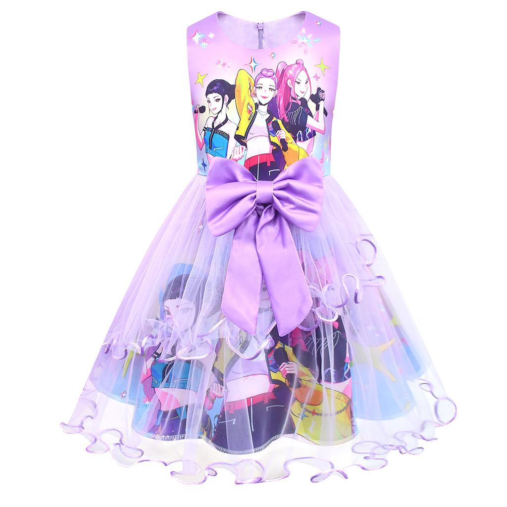 82940 Prinsessflickor Rumi Zoey Mira Kpop Tryck Rosnät Klänning