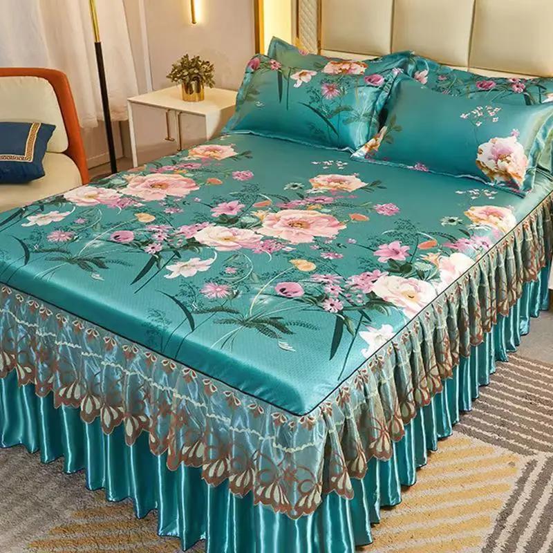 3 Teile/los Doppelbettlaken-Set, klassische Spitze, Königsblau, Bettlaken, Bettrock, maschinenwaschbar, Hochzeit, Tagesdecke, Matratzenbezug