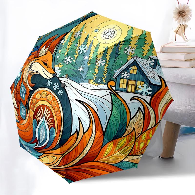 

1pc Winter Wonderland Fox Automatic Opening Folding Umbrella - 8 Bone Iron Frame, Suitable for Fans, Travel, Daily Use, Festive Gift.KK029