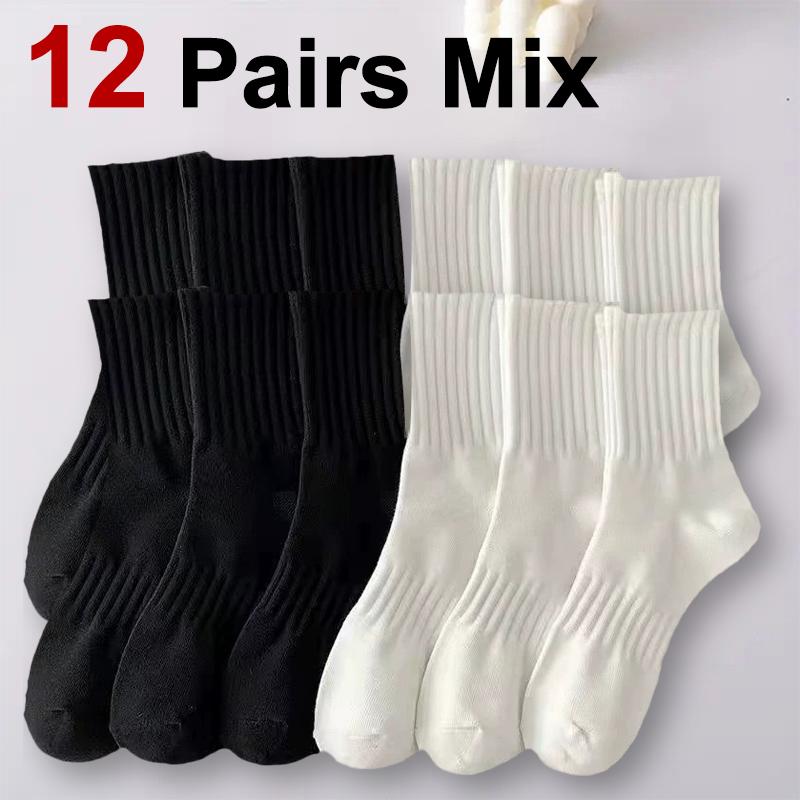 6/12 Pairs Men Solid Color Mid Tube Socks Fashionable Black White Color Sweat Absorbing Soft Comfortable Casual Sports Socks