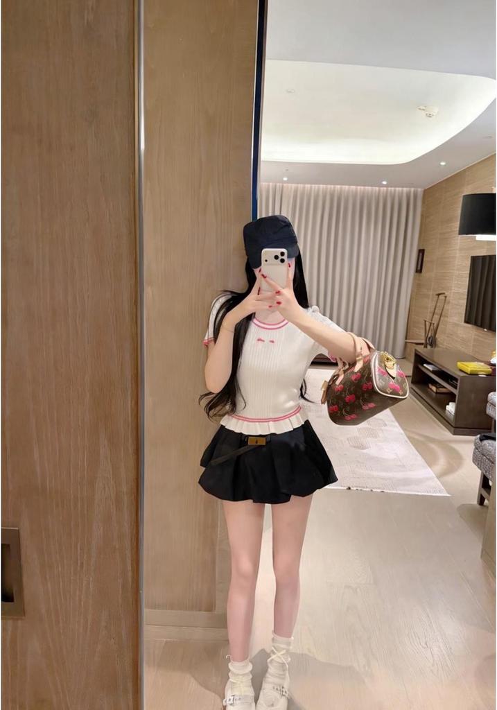 European Style Pink Ruffle Hem Knit Short Sleeve Casual Fashion Top