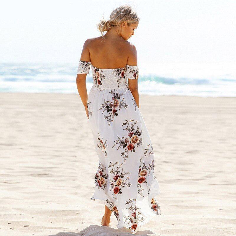 Long Maxi Women Off Shoulder Beach Summer Dresses Floral Print Chiffon