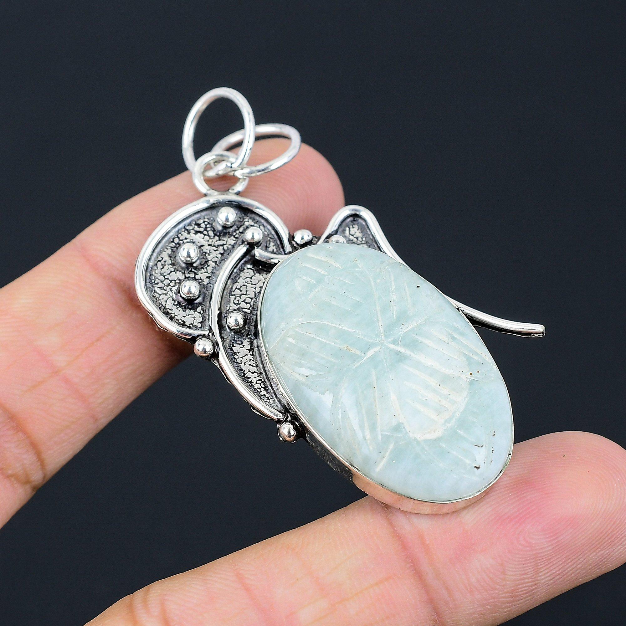 Daughters Day Sale Natural Carved Aquamarine Birthday Pendant Sterling Silver