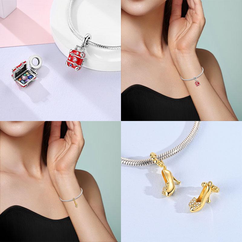 925 Silver Pink Doll Princess Pink Square Box Charm Pendant Beads Fit Charm Bracelet Women Jewelry Making