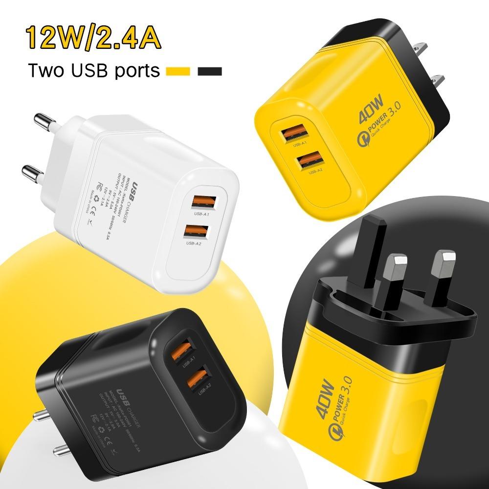 EU/US/UK 40W Charger Plug 2USB Quick Charge Adapter for iPhone/Xiaomi/Samsung