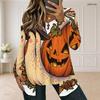 Women Plus Size Square Neck Long Sleeve Faux Two Piece Printed T Shirt Halloween Teddy Bear Pumpkin White