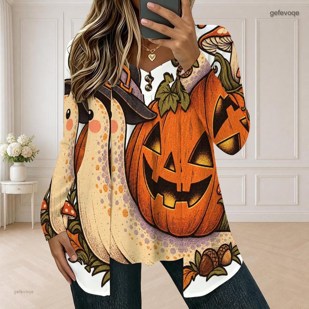 Women Plus Size Square Neck Long Sleeve Faux Two Piece Printed T Shirt Halloween Teddy Bear Pumpkin White