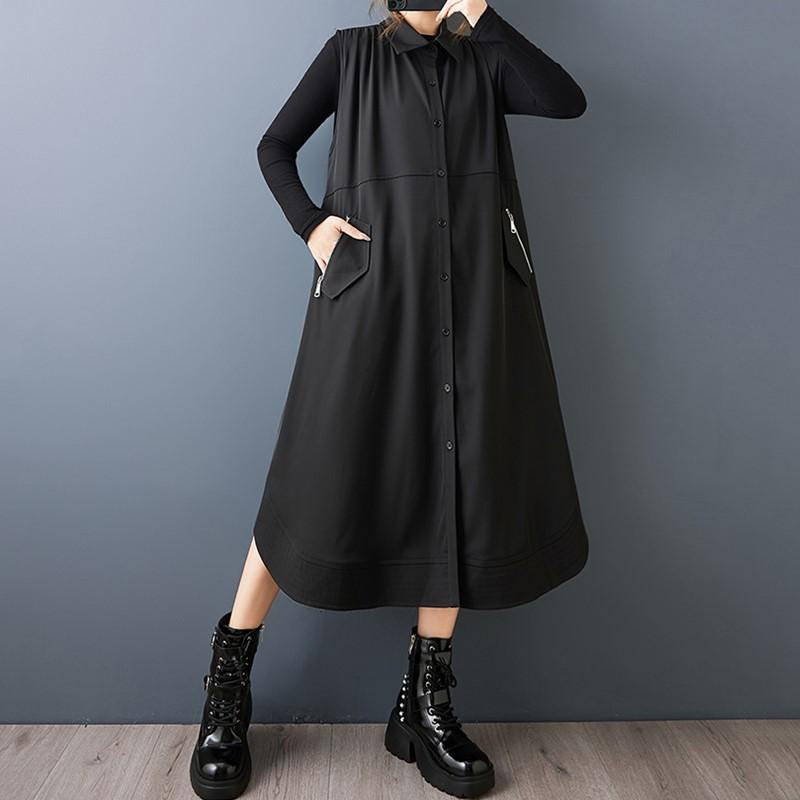 Sleeveless Plus Size  Vintage Black New In Tank Dresses for Women Casual Loose Long Spring Autumn Shirt Dress
