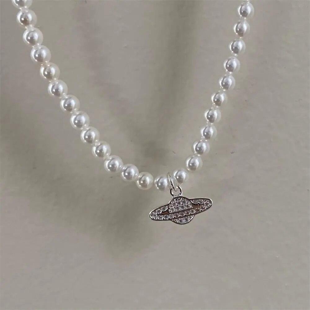 Y2K Jewelry Chain Vintage Crystal Zircon Planet Saturn Pearl Choker Necklace For Women Female Couple Saturn Pendants Necklace