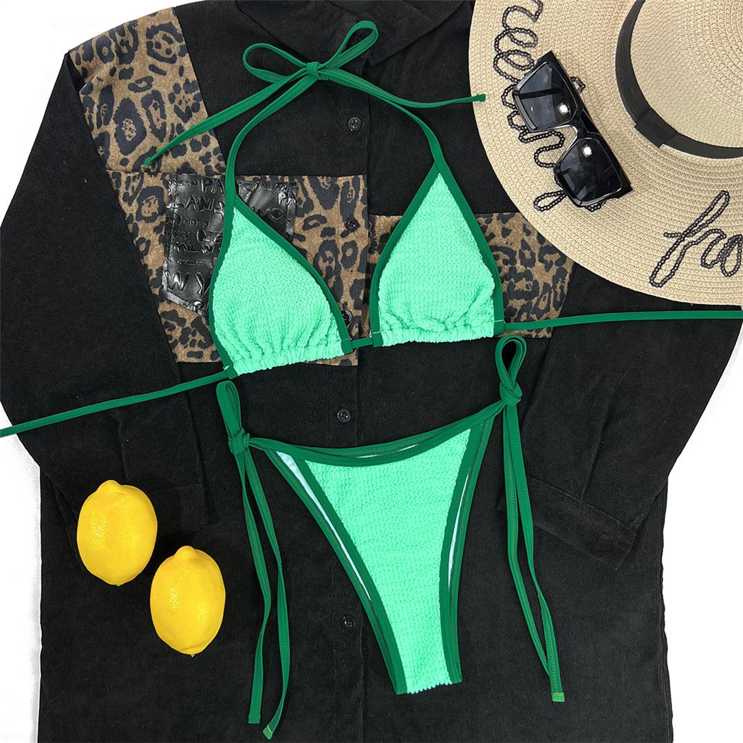 

Новый морщинистый жатый бикини женский купальник женский купальник из двух частей комплект бикини мягкий купальный костюм купальный костюм для плавания L зелёный