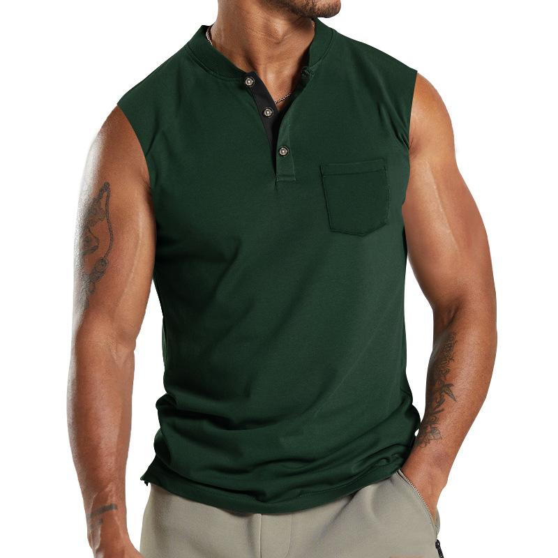 Men's Sleeveless Men's V-neck Button Sport Breathable Wide Shoulder Man T-shirt