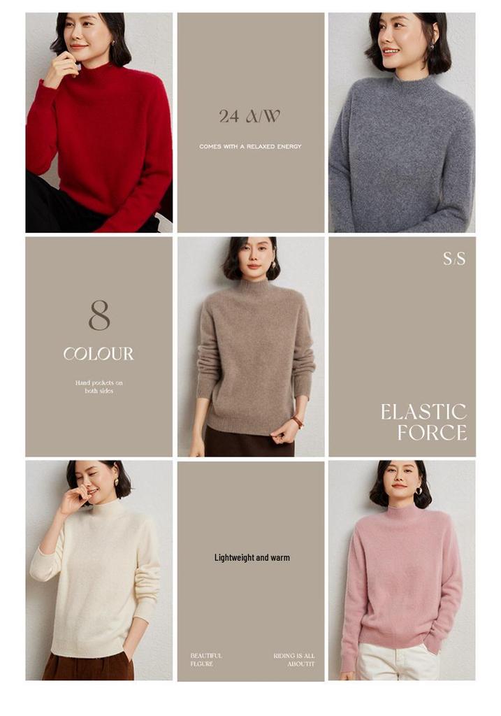 2024 Cashmere Women's Half-High Collar Slimming Pullover Wool Sweater, Long Sleeve, Autumn/Winter Collection