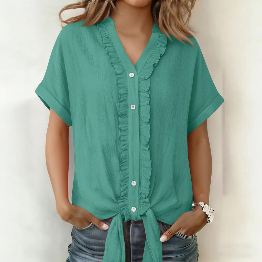 Solid Color Cotton and Linen Casual Fungus Edge Short-sleeved Button-up Shirt for Women