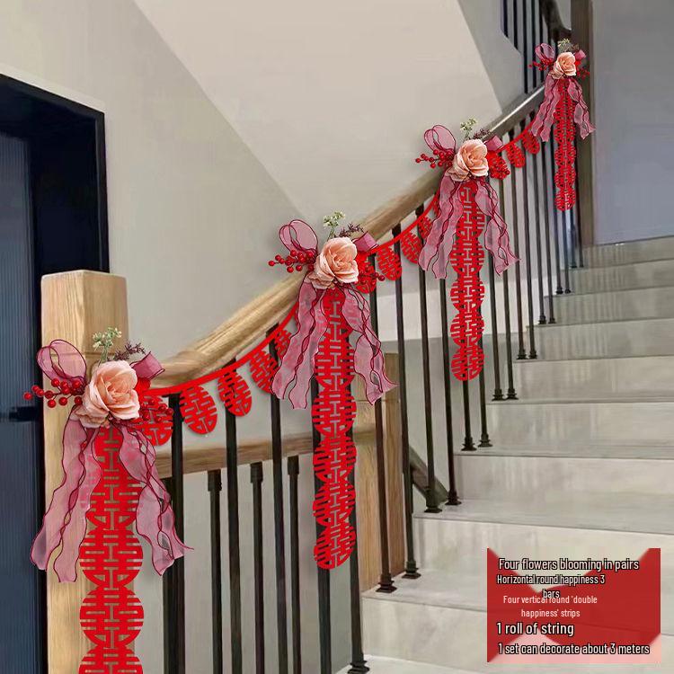 Wedding Stair Railing Décor Set: Groom & Bride's New Home Double Happiness Flowers