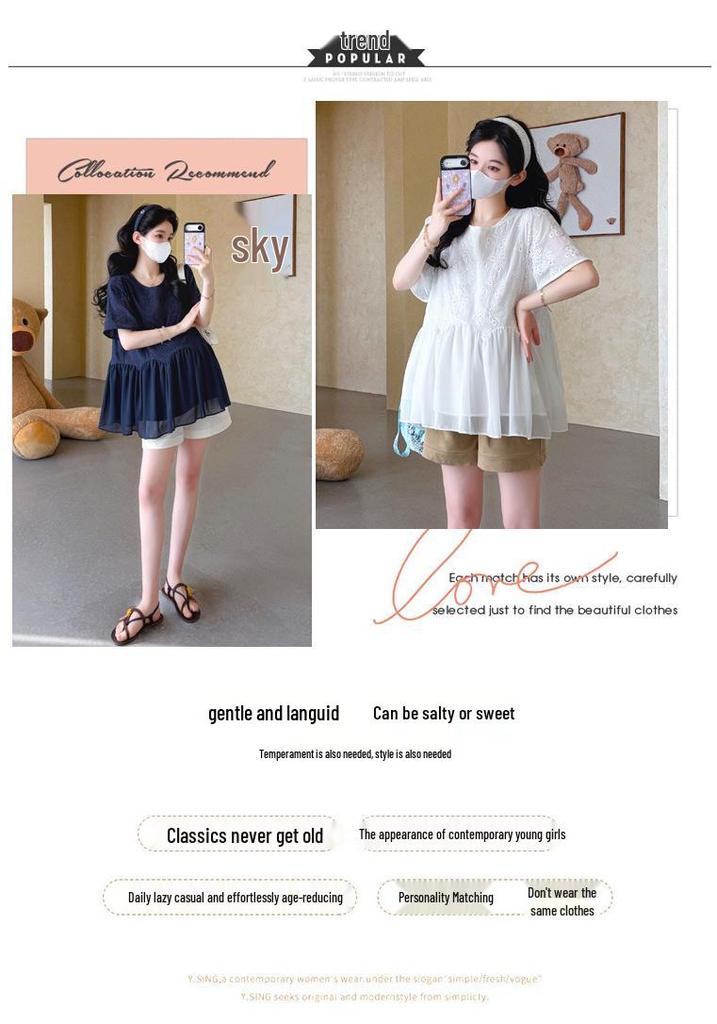Maternity Summer 2026 Korean Style Embroidered Chiffon Doll Shirt and Belly Support Shorts Set