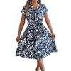 Spring And Summer Casual V-neck Button-down Short-sleeved Flower Swing Dress Cross-border Women's Clothing