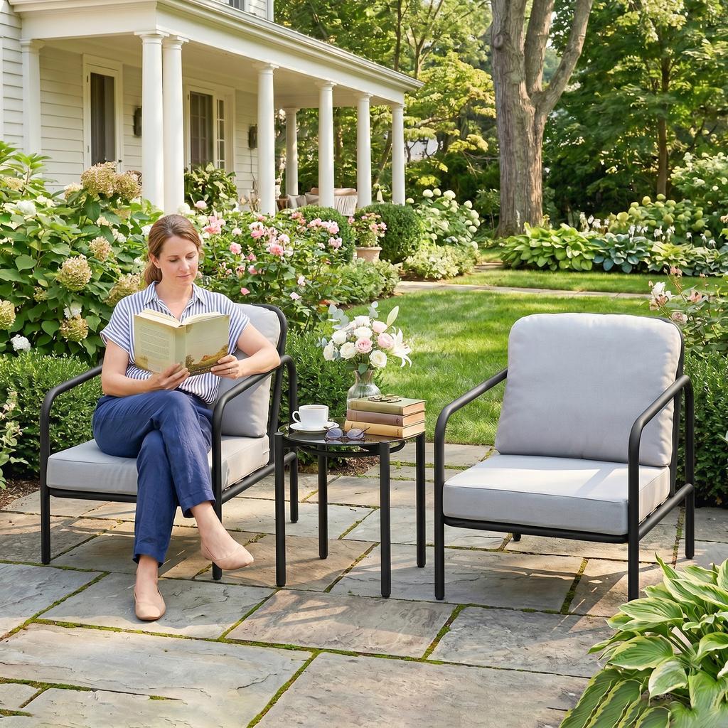 3-Piece Steel Bistro Set with 2 Chairs with Thick Cushions, Table with Black Tempered Glass Top