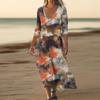 Dresses For Womens Vintage Print Tunic Waisted Midi Dress Summer Casual  3/4 Sleeve Dress