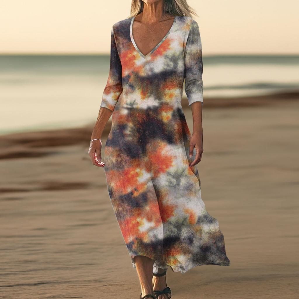 Dresses For Womens Vintage Print Tunic Waisted Midi Dress Summer Casual  3/4 Sleeve Dress