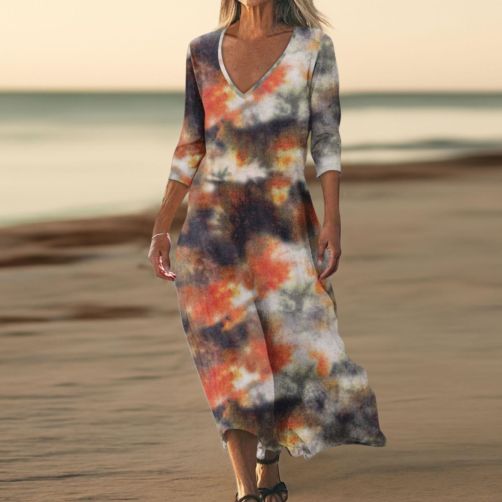 

Платья для женщин Винтажный принт Туника с завышенной талией Миди-платье Летнее повседневное Платье с рукавом 3/4 XXL коричневый