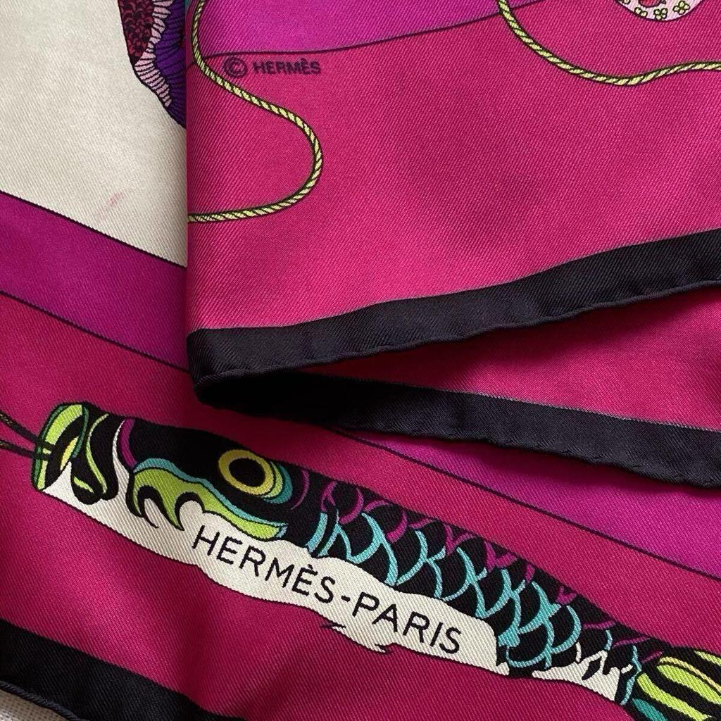 Used HERMES SOIES VOLANTES Hermes Silks Flying Silk Scarf Carr 90 Pink White Large Vintage