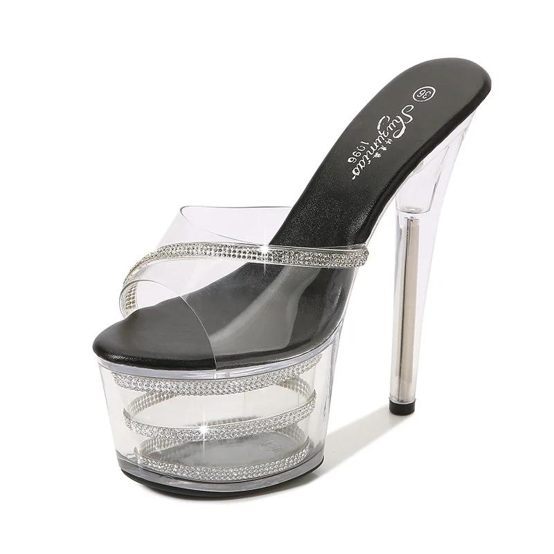 Fashion Women Platform Slippers Nightclub Sexy High Heels Stripper Rhinestone Sandals Outdoor Shoes Luxury Slides Pvc Transparent Heels