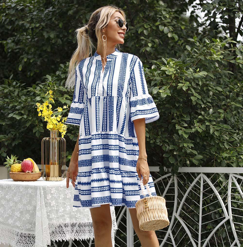 Women's Clothing Popular European Summer Striped Loose Five-quarter Sleeve Dress