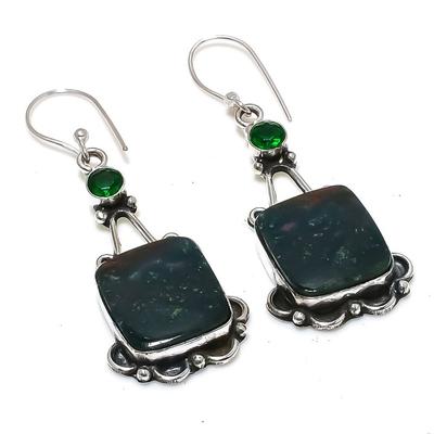 Natural Bloodstone, Diopside Gemstone 925 Sterling Silver Earring 2.29" W8z09