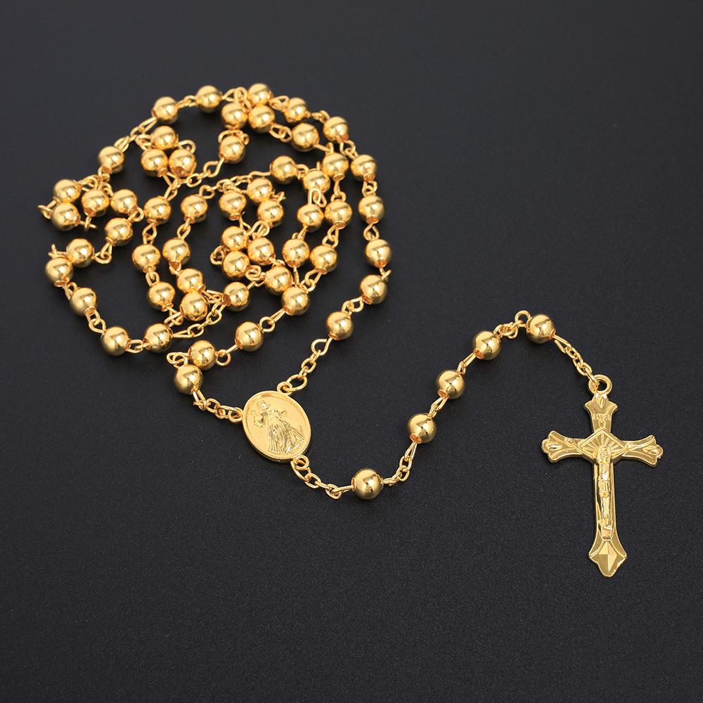 6MM Rosary Necklaces For Women Men Long Gold  Color Chain Crucifix Cross Pendant Necklace Religious Prayer Jewelry Gift