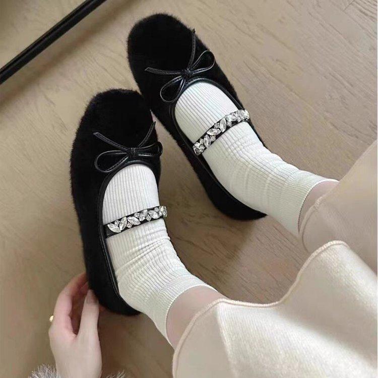 Small Man Inner Height Increase 5cm French Ballet Fluffy Shoes Women Wear Velvet Rhinestone Mary Jane Shoes In Winter