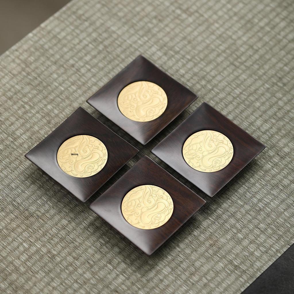 Suport pentru cești de ceai din lemn masiv cu incrustație de cupru – Pad izolator anti-opărire pentru birou și accesorii pentru set de ceai Kung Fu