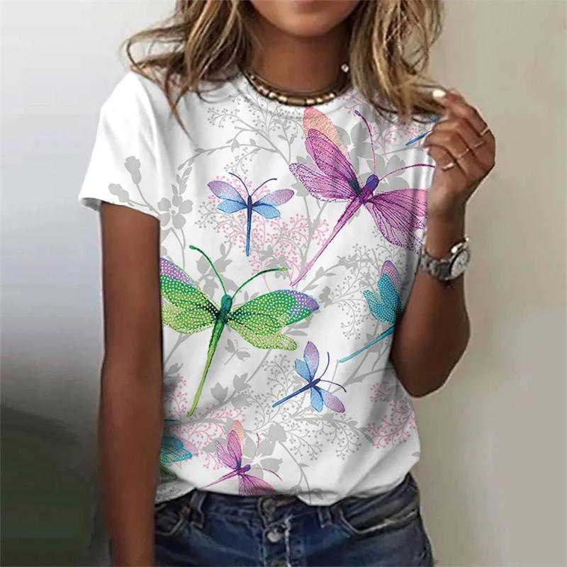 3D New Flower Dragonfly Printed Women's T-shirt Women's Summer Street Beautiful T-shirt Short Sleeve