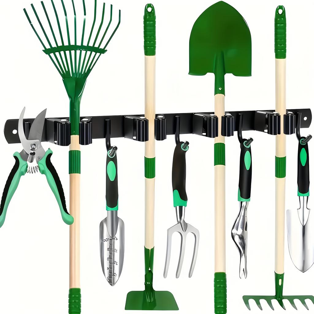 Stainless Steel Wall-Mounted Garden Tool Organizer Rack – Multi-Tool Holder with Hooks – Space-Saving Storage for Home, Kitchen, or Garage