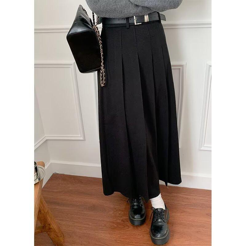 Plus Size Woolen Pleated High-Waist Skirt - Slimming Academy Style, Anti-Exposure, Korean Fashion 3XL