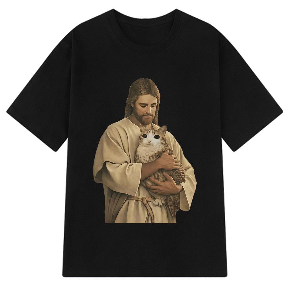 Funny Jesus Holding Meowl Funny Cat Meme T Shirt Unisex Unisex Harajuku Vintage Tshirt Shortsleeved Loose Cotton Hiphop Tshirts