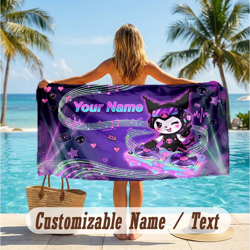 Custom Text Beach Towel, Soft Absorbent Swimming Multi-use TowelKuromi