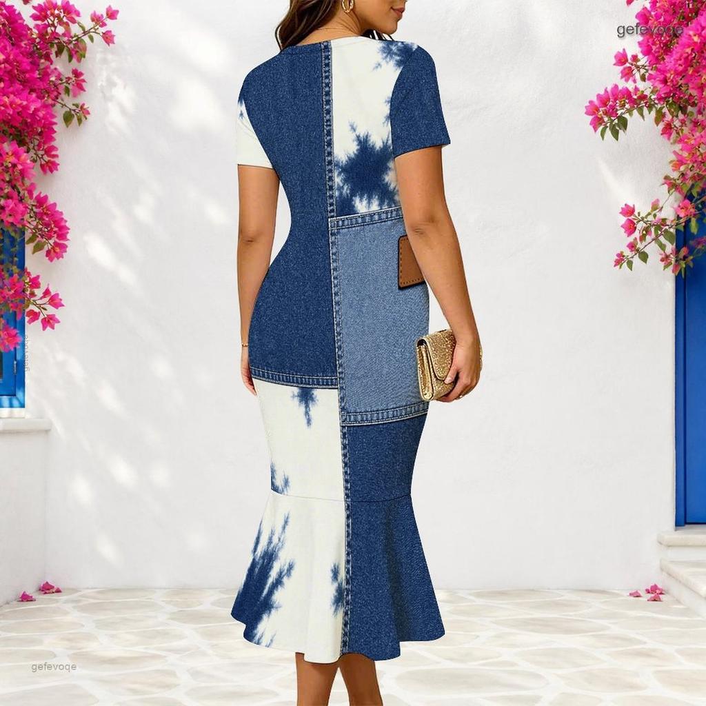 Women Plus Size V Neck Short Sleeve Blue White Printed Fitted Fishtail Dress