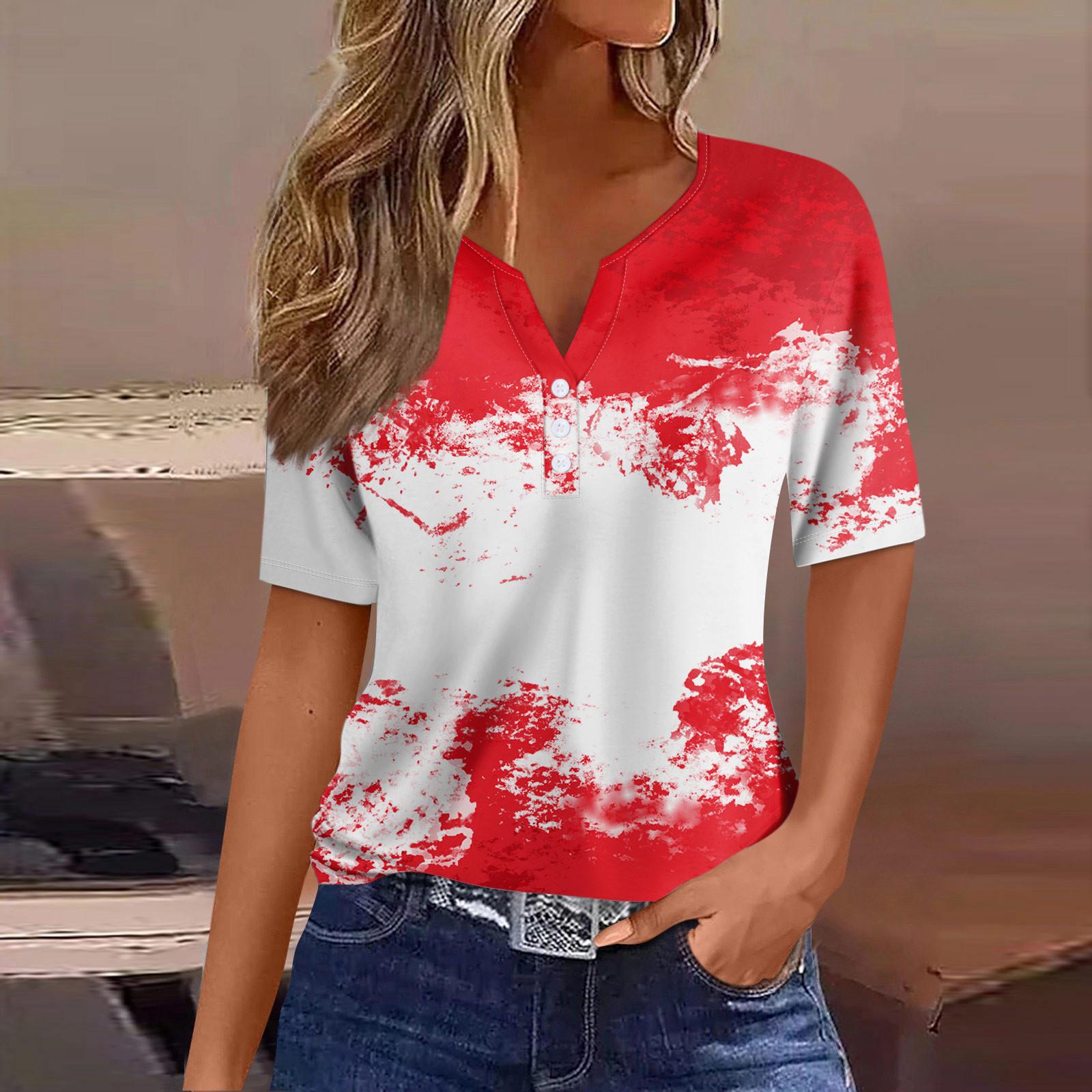 

Жен. Футболка Футболка День независимости С принтом Пуговицы С короткими рукавами Повседневные Выходные Мода Классический Классический V-образный вырез Обычный Топ XL красный