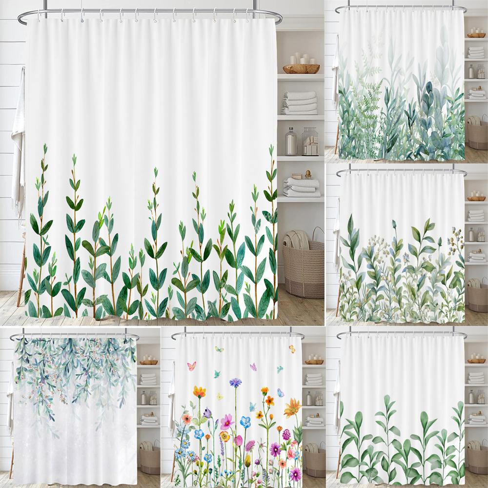 Textile Article Light Greenery Leaf Shower Curtain Leaves Plant Bathroom Curtain Romantic Refreshing Curtain Polyester Waterproof Bathroom Shower
