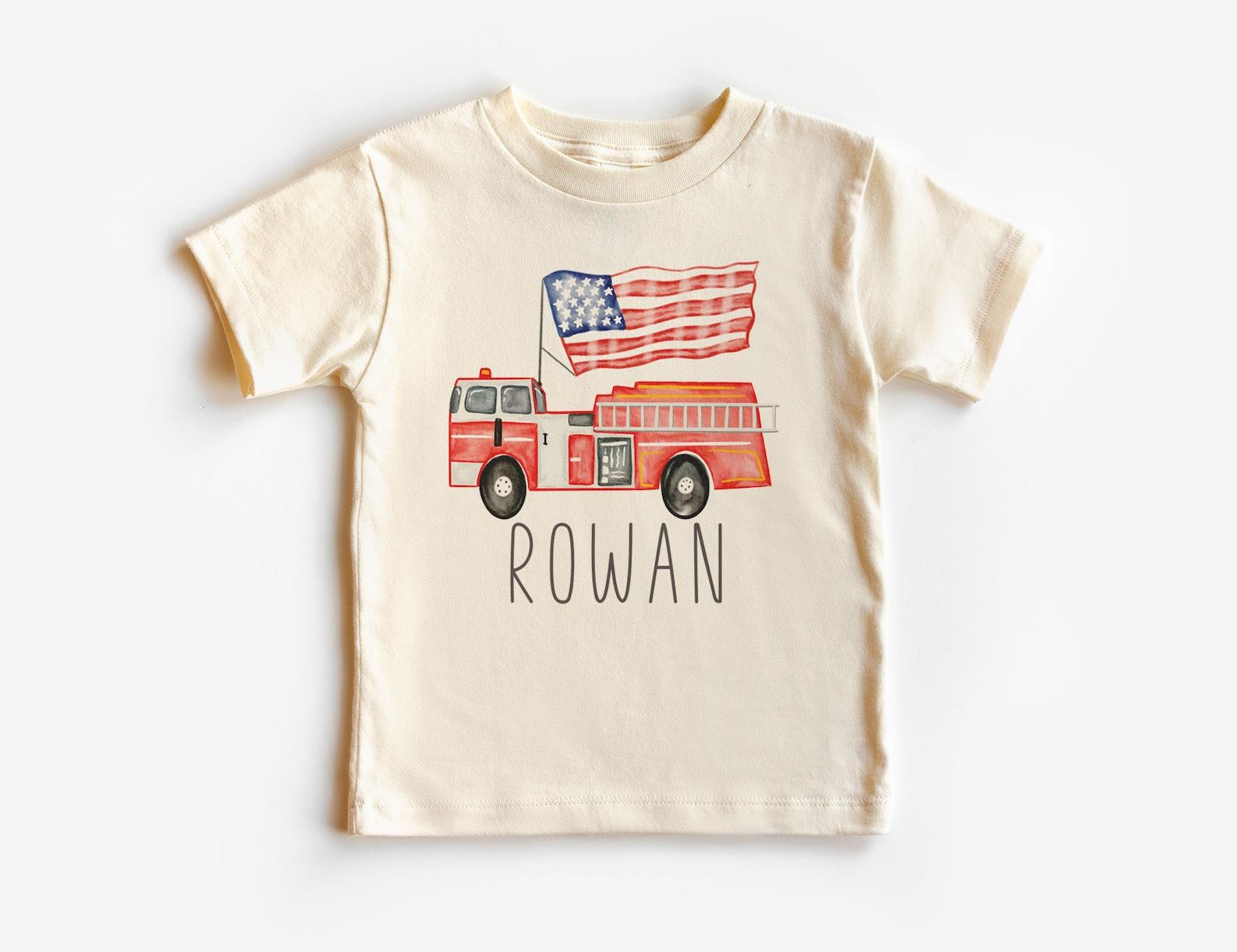 Personalized Fire Engine Kids Shirt - Custom Firefighter Truck T-Shirt - 4th Of July American Flag Tee - Boho Natural Kids & Youth Shirts 150