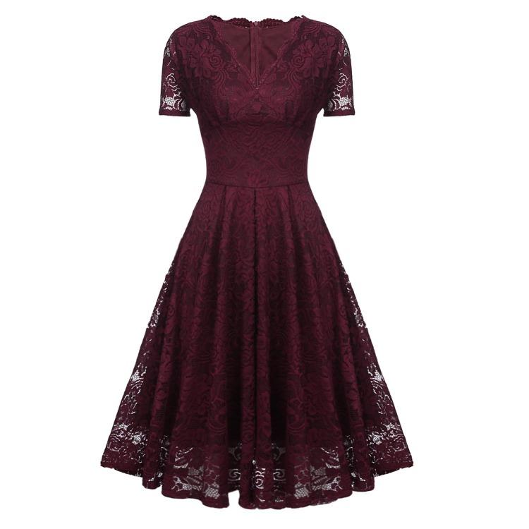 Bright Deer Women's Lace Cocktail Dress V Neck Short Sleeve Fitted Waist Midi Prom Bridesmaid Wedding Guest Party Evening Occasion Outfit