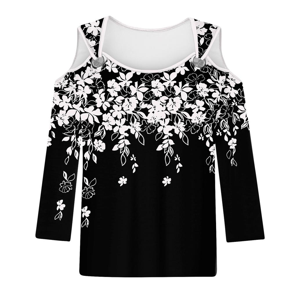 Damen Casual Shirt Bluse Print V-Ausschnitt Sexy Cold Shoulder 3/4 Ärmel Top