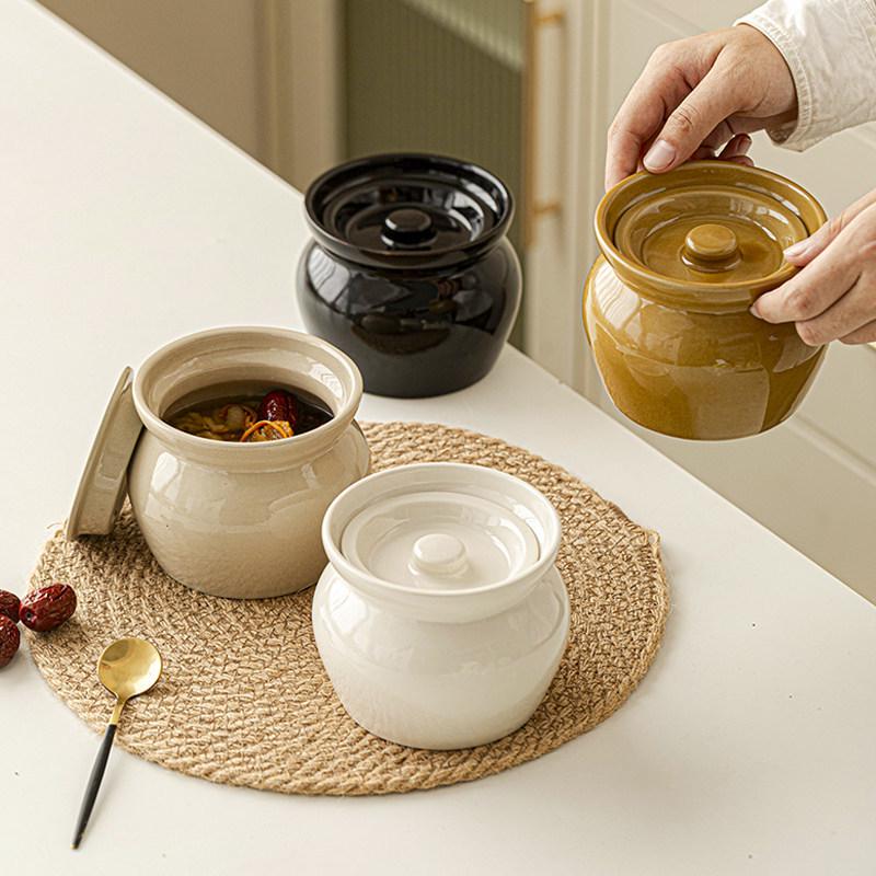 Ceramic Double Boiler Stew and Egg Custard Pot with Lid